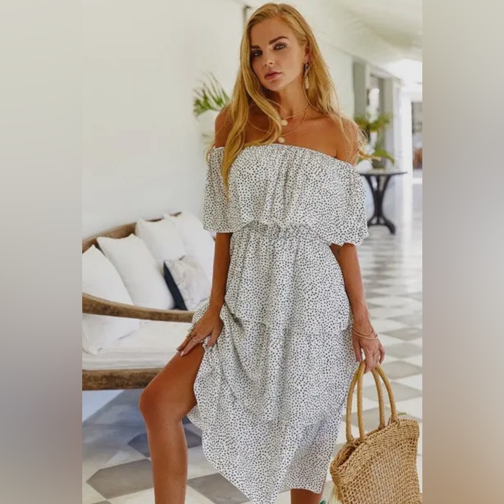 Off Shoulder Ruffle Drawstring Dress - Picture 2 of 4